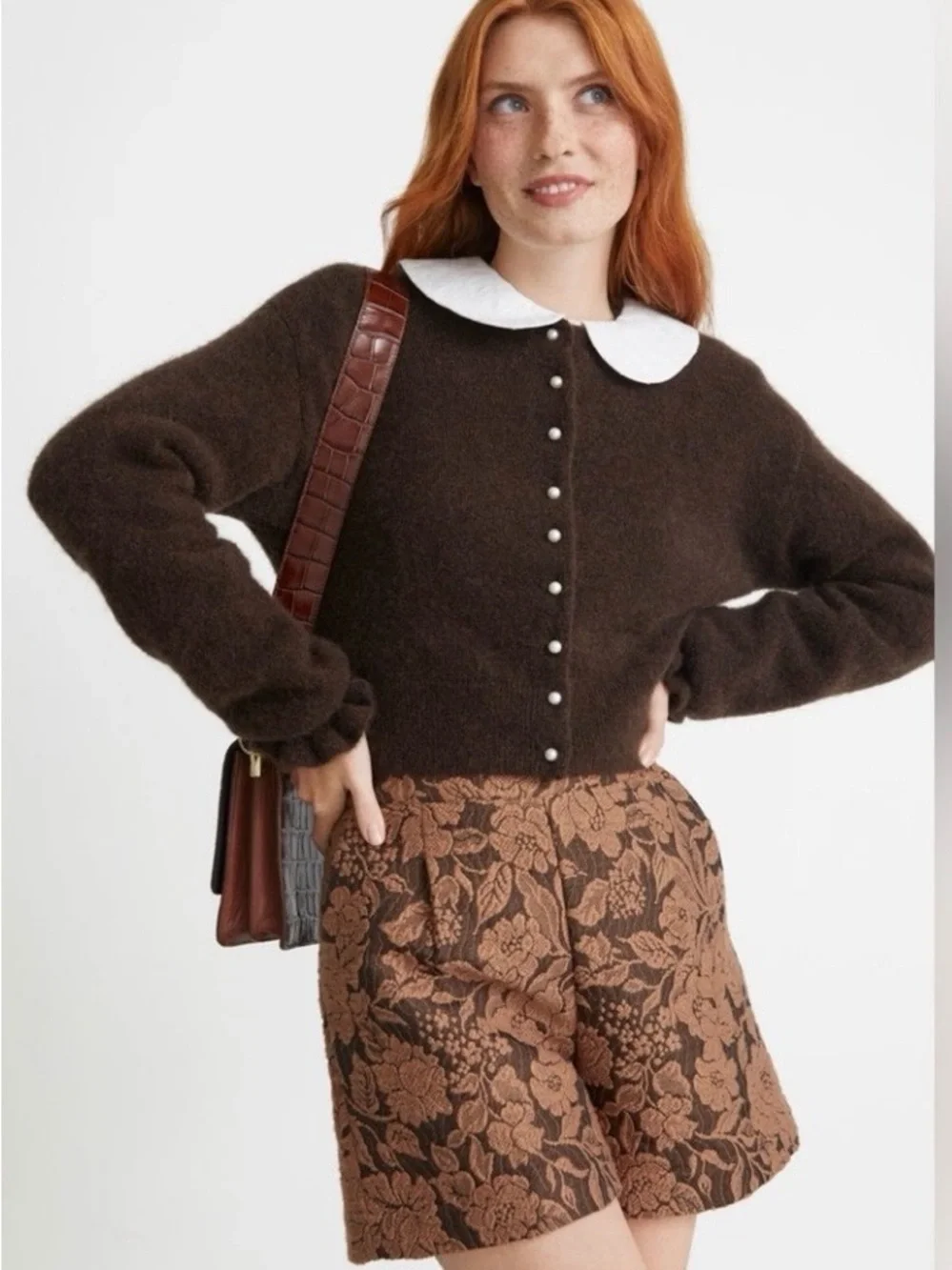 & Other Stories Paris Atelier Collection Floral Jacquard High Rise Short Brown 4